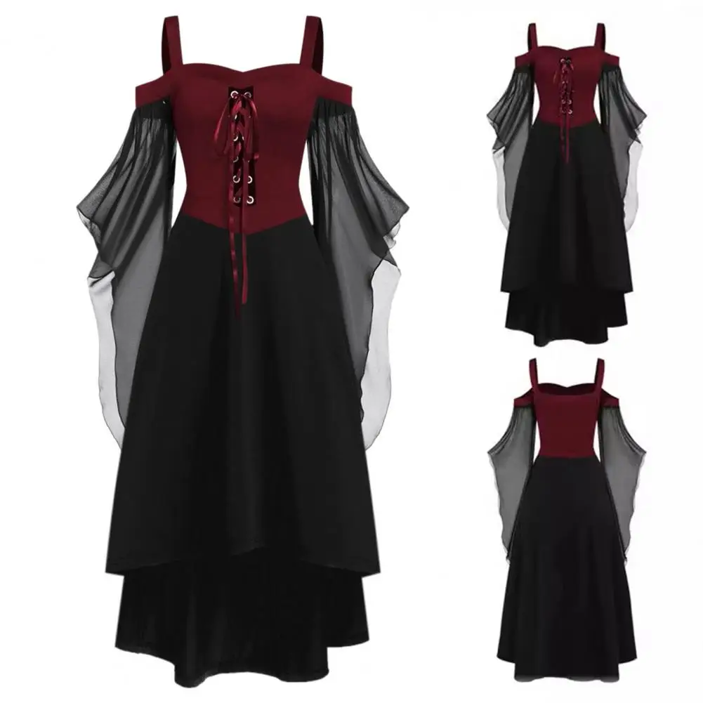 

Retro Gothic Dress Gothic Witch Halloween Costume with Lace-up Strap Collar Long Horn Sleeves Women's A-line for Cosplay