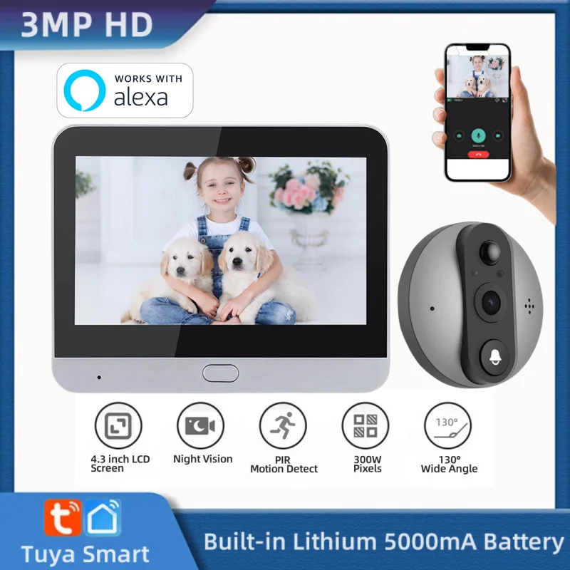 3MP Smart Life luar ruangan bel pintu nirkabel Tuya keamanan rumah Video Digital lubang intip pintu dengan Kamera Alexa opsional untuk rumah