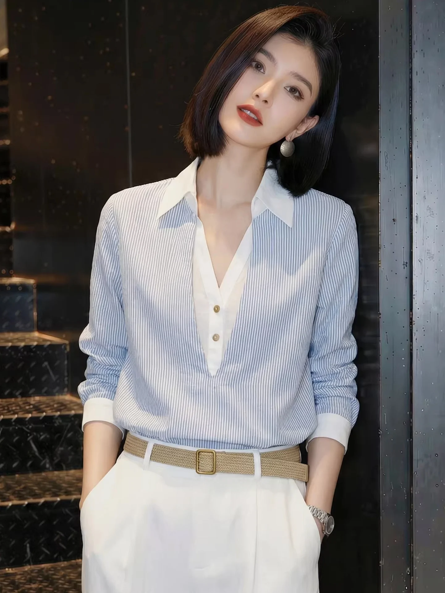 

Retro Striped V-Neck Shirt Casual Loose Long Sleeve Fashionable Collar Split Two-Piece Look Women's Spring Season Clothing