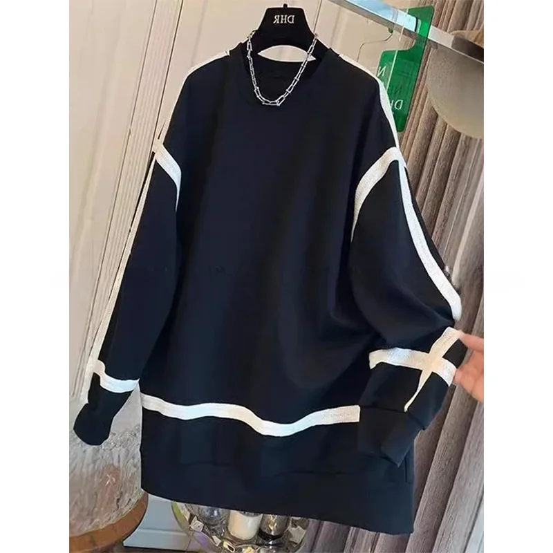

plus Size Women's Hoodie round Neck Loose Fit Color Block Long Sleeve Mid-Length Casual Sweatshirt for plus Size Ladies