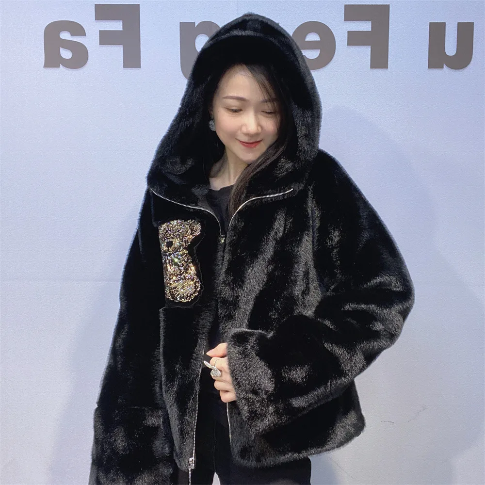 Moda inverno grosso quente jaquetas femininas casual dos desenhos animados urso diamantes zíper cardigan casacos com capuz Куртка Ж onderdelen