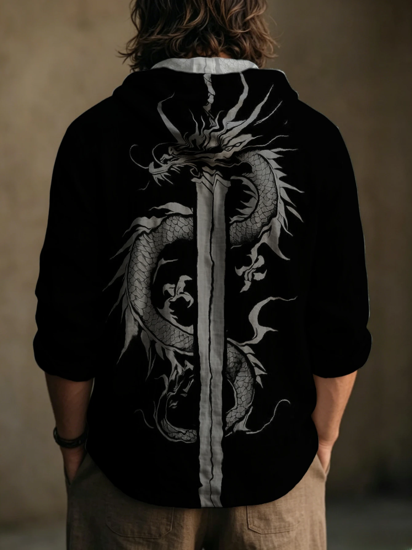 Men Vintage Oriental Dragon Graphic Hooded Henley Shirt Long Sleeve Half Button Placket Loose Fit Casual Daily Beach Vacation To