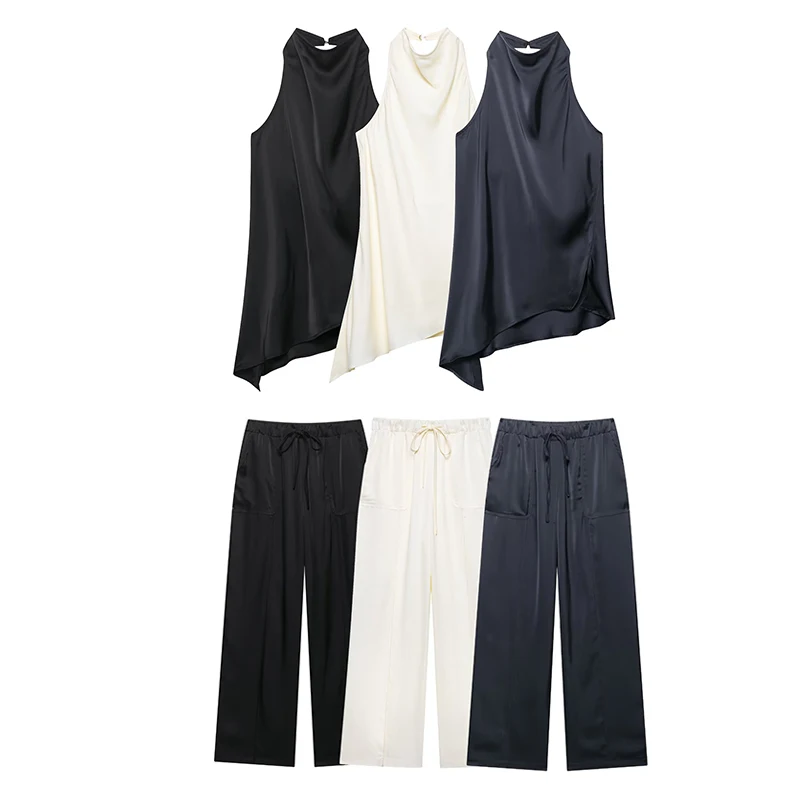 

RAFZNB High Waist Wide Leg Pants Sets for Women 2 Pieces Fashion Satin Halter Tops Two Piece Set Women Outfits