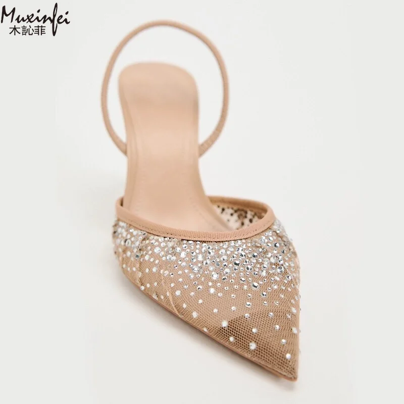 Frühlings-Damenschuhe, Aprikosenfarbene Mesh-Sandalen mit freiliegenden Absätzen, MÜLler-Schuhe, High Heels, Strass-Sandalen – Detail 5