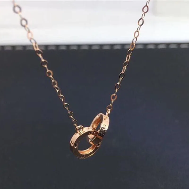 585 Purple Gold Plated 14K Rose Gold Double Ring Necklace Pendant Fashion Chain Classic Elegant Jewelry Gift for Girlfriend - Image 3