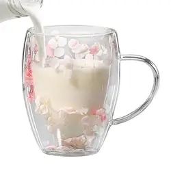 Double Walled Glass Coffee Mugs 350ml Clear Double-Layered Dried Flower Cups Flower Mugs with Handle Heat Resistant Aesthetic