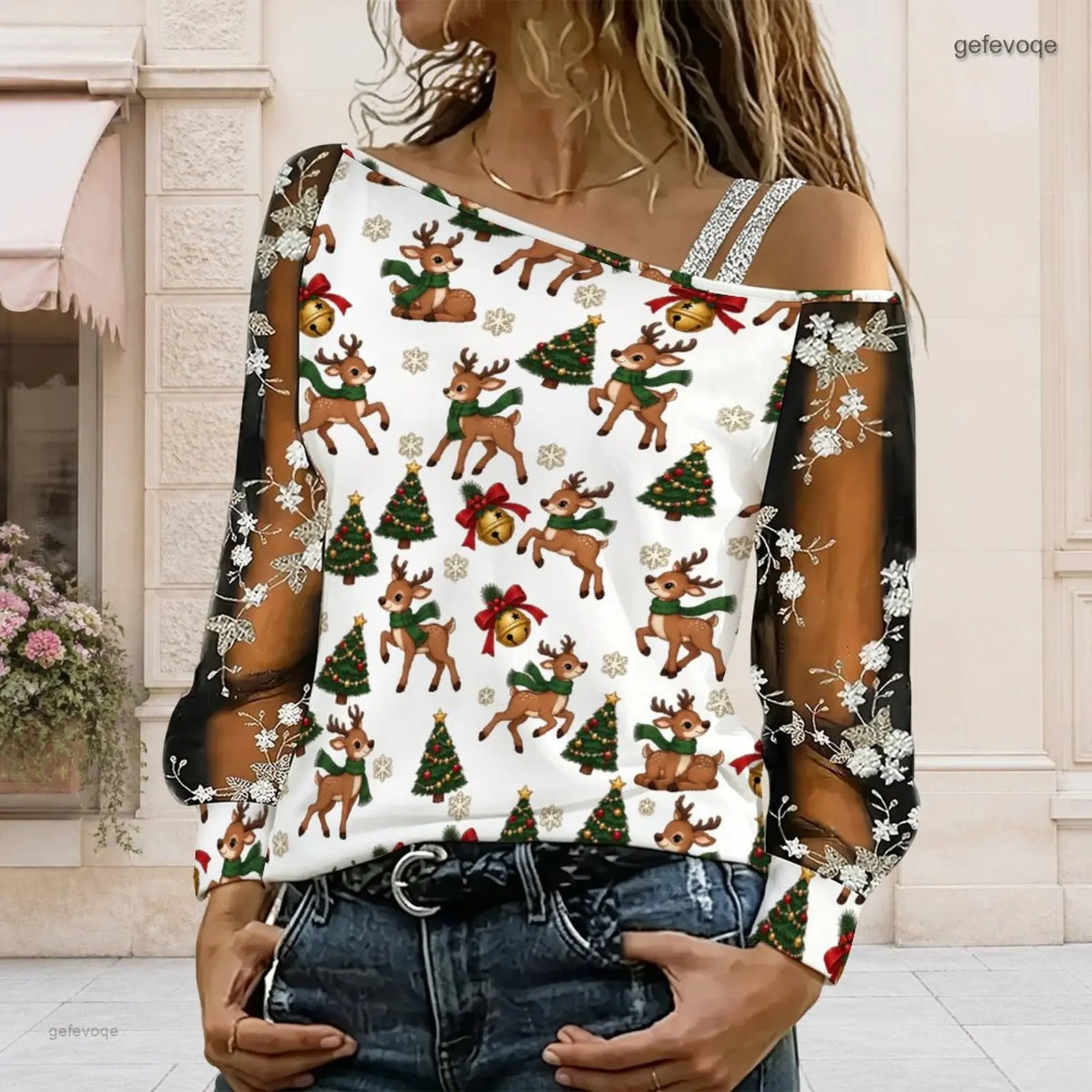 Women Asymmetric Cold Shoulder Long Sleeve Top, Christmas Reindeer Tree Bell Snowflake Print Sheer Mesh Floral Blouse