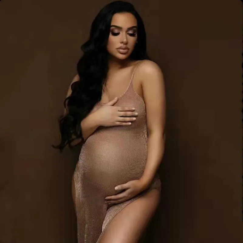 Sexy Transparent V-neck Maternity Photography Props Dress Bifurcate Backless Clothing Pregnancy Photo Shoot Baby Showers Dress