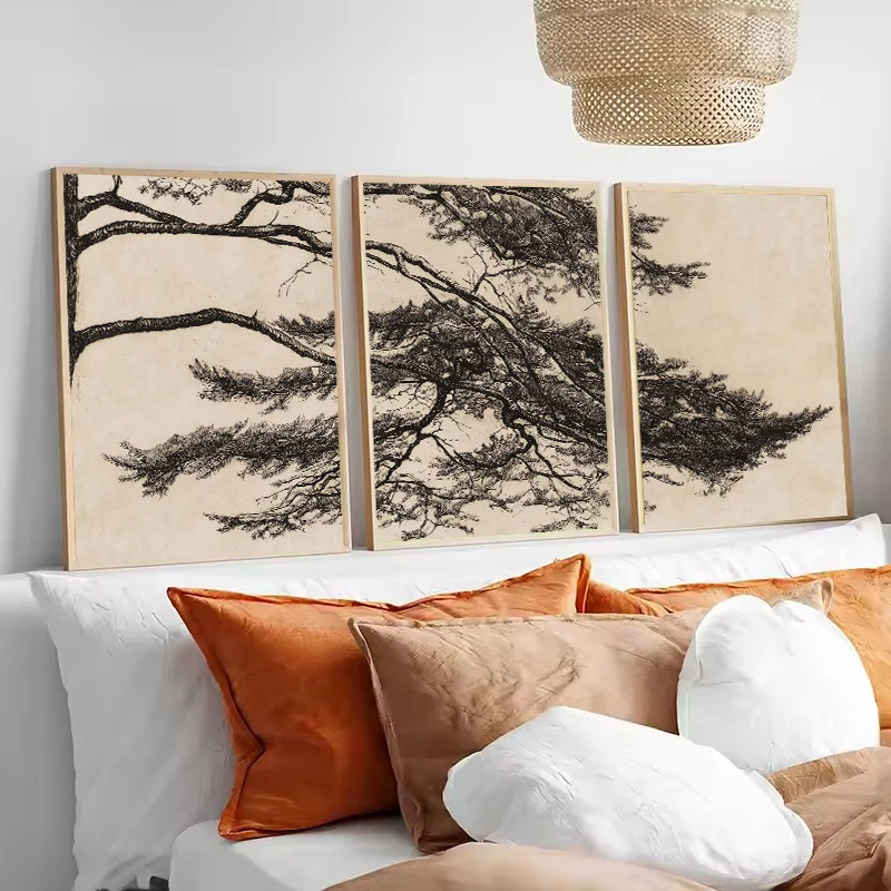 فرع شجرة الصنوبر رسم الملصقات والمطبوعات خمر حائط لوح رسم صورة فنية لغرفة المعيشة ديكور المنزل كوادروس