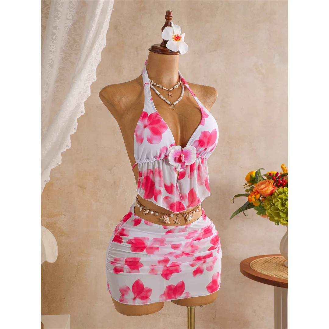 3D-Blumenmuster mit Rock, Neckholder-Bikini, Damen-Badeanzug, dreiteiliges Bikini-Set, Badebekleidung, Badeanzug, Schwimmbekleidung V8422 – Detail 7