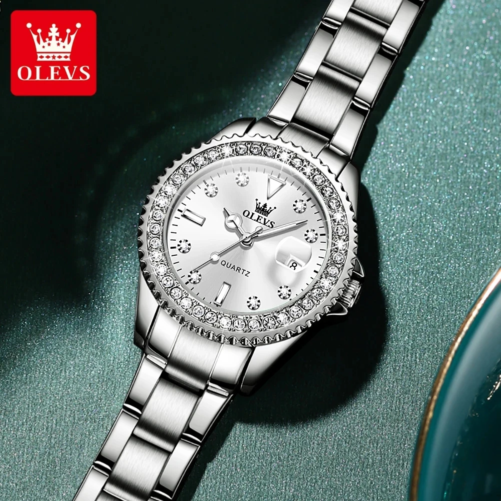 OLEVS-Montre à Quartz avec Cadran Diamant pour Femme, Montres Élégantes pour Femme, Acier Inoxydable, Montre-Bracelet Étanche, Mode Originale