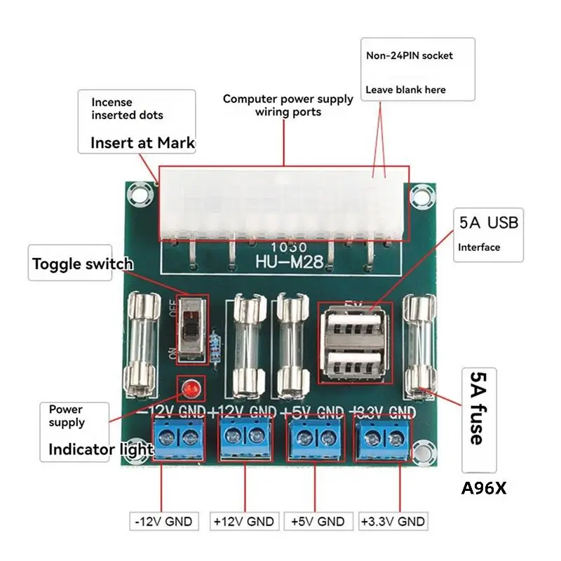 

2X HU-M28W ATX плата питания модуль адаптера питания компьютера 24Pin 5A USB интерфейс для настольного компьютера ПК с чехлом