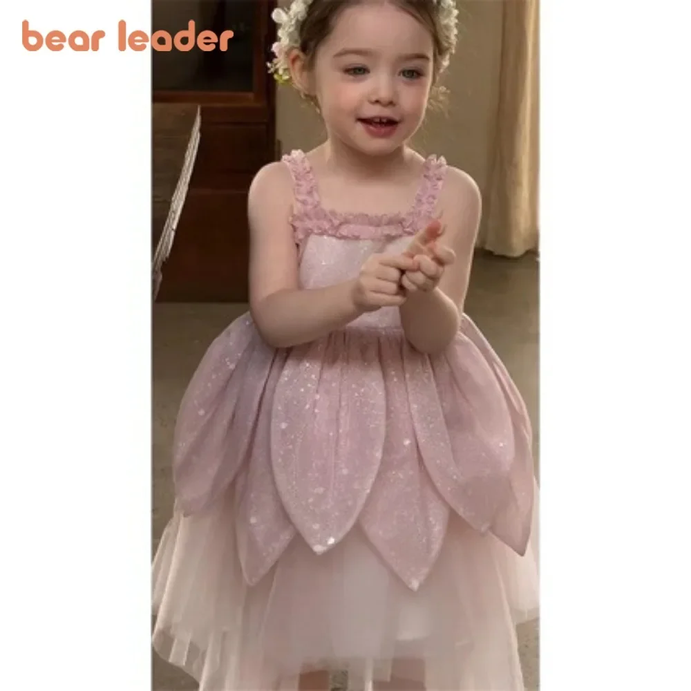 Bear Leader Pink Sweet Petal Kids Dresses 2025 Spring/Summer New Lace Mesh Spliced Birthday Wedding Party Princess Girls Dress