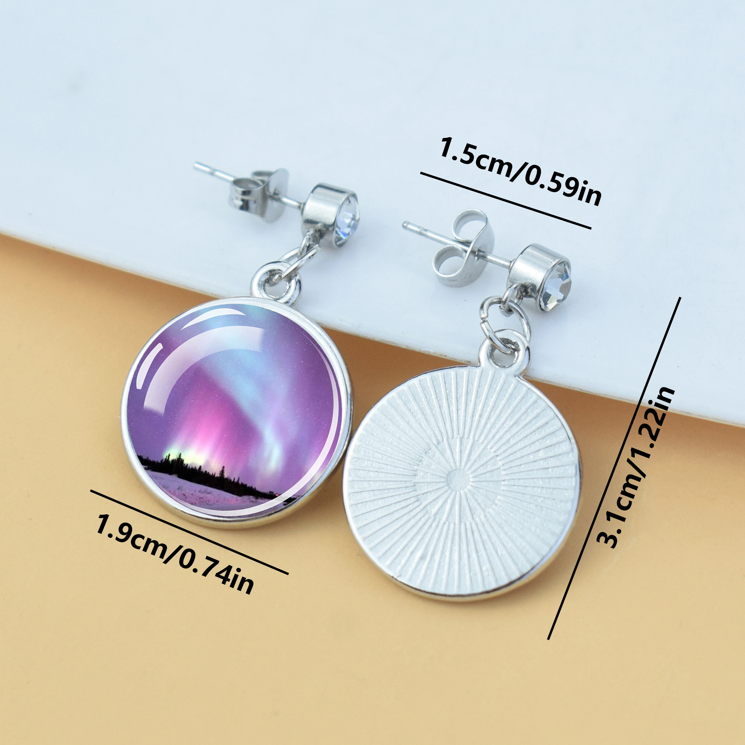 Northern Lights Design Single Rhinestone Stud Earrings Glass Dome Cabochon Metal Women Fashion Aurora Ear Jewelry