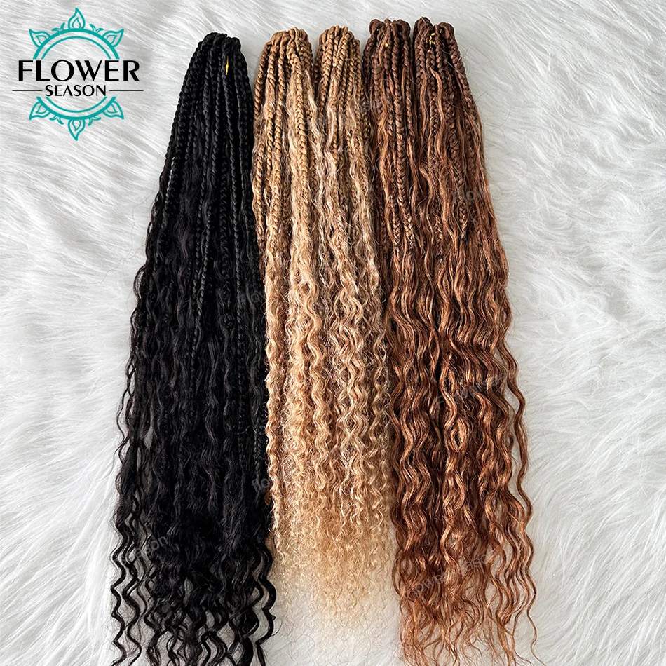 Crochet Boho Box Braids With Human Hair Curls #27 Honey Blonde Brown Pre Looped Crochet Hair with Deep Wave Human Hair Ends