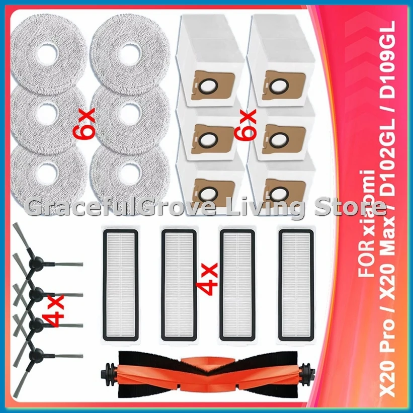 

For Robot Vacuum X20 Pro / X20 Max / D102GL / D109GL Spare Parts Main Side Brush Hepa Filter Mop Pad Dust Bag-ABFB