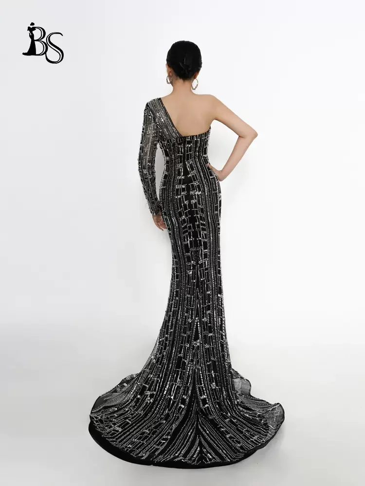 Women Evening Dress Sexy Single Shoulder Gala Dresses Heavy Handmade Beaded Long Performance Party Prom Clothing H1058