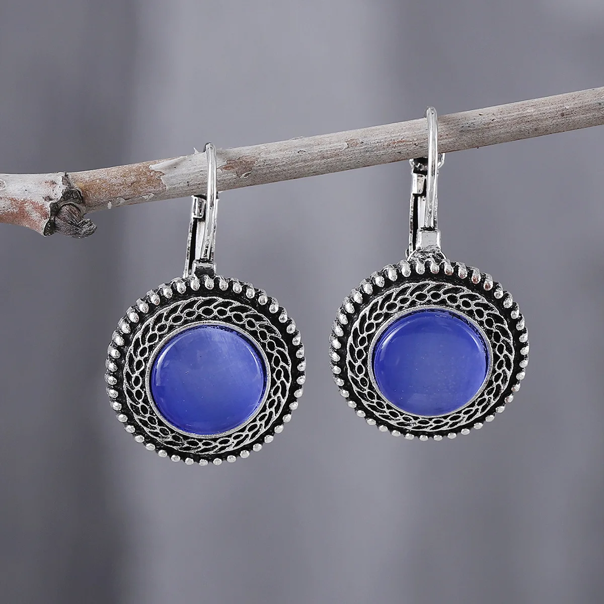 DIY accessories Fashion Bohemian ethnic style gemstone alloy earrings, cross-border hot-selling retro oval earrings