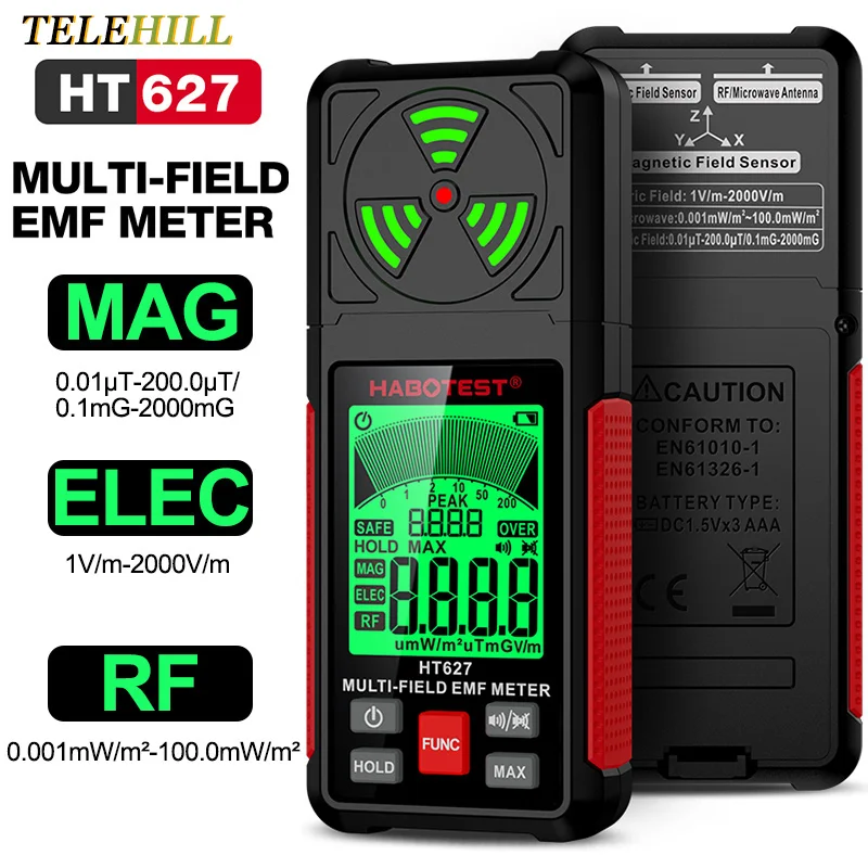 HT627 EMF Meter Electromagnetic Field Radiation Detector Portable RF Warn Meter Electric Field Magnetic Field Radiation Detector