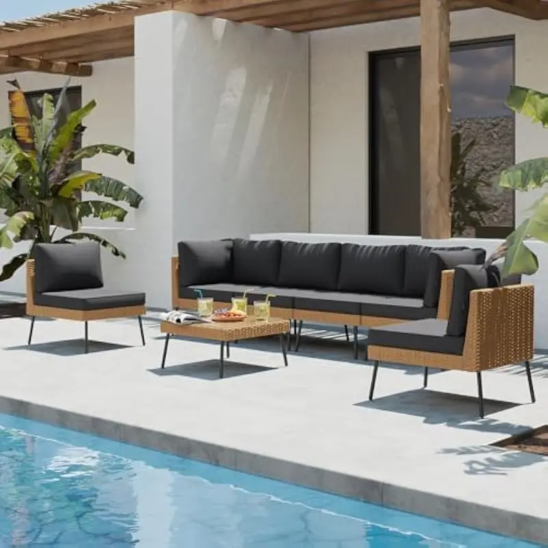 Modern 7-Piece Outdoor Sectional Set with Elevated Metal Legs, Thick Waterproof Cushions, Modular Wicker Design, Coffee Table In