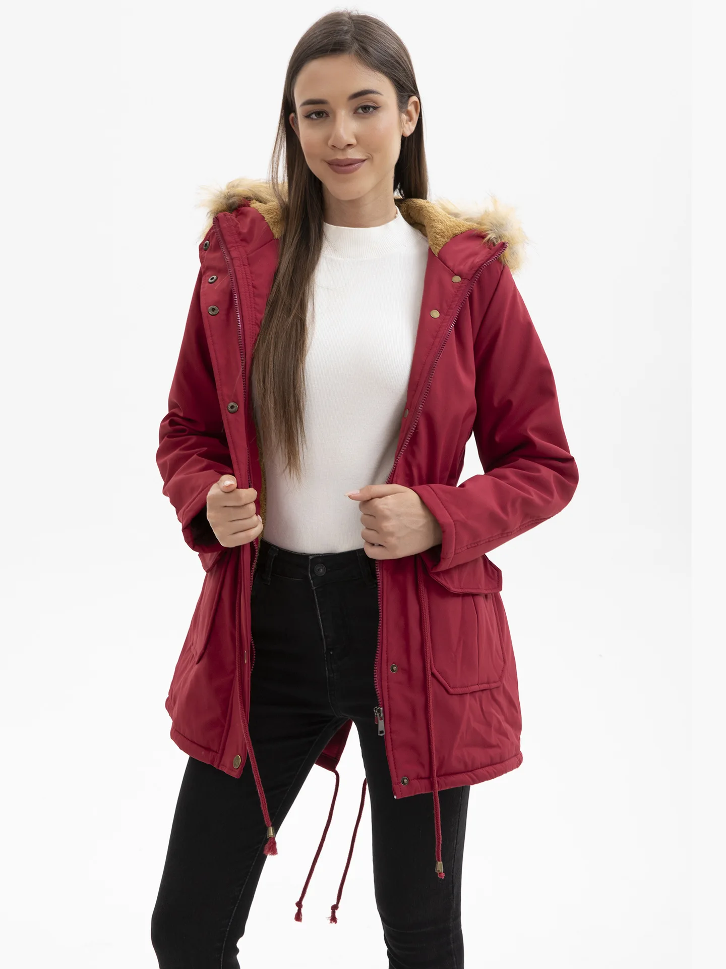 Women's Thickened Cotton-Padded European-Sized Coat Autumn Winter Fleece Lined with Cap Fur Collar Cinched Waist