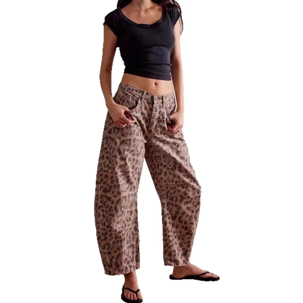 Celana Jeans Wanita High Waist Motif Leopard Model Straight Leg Gaya Musim Gugur Terbaru Desain Cross-Border Trendi dan Kasual