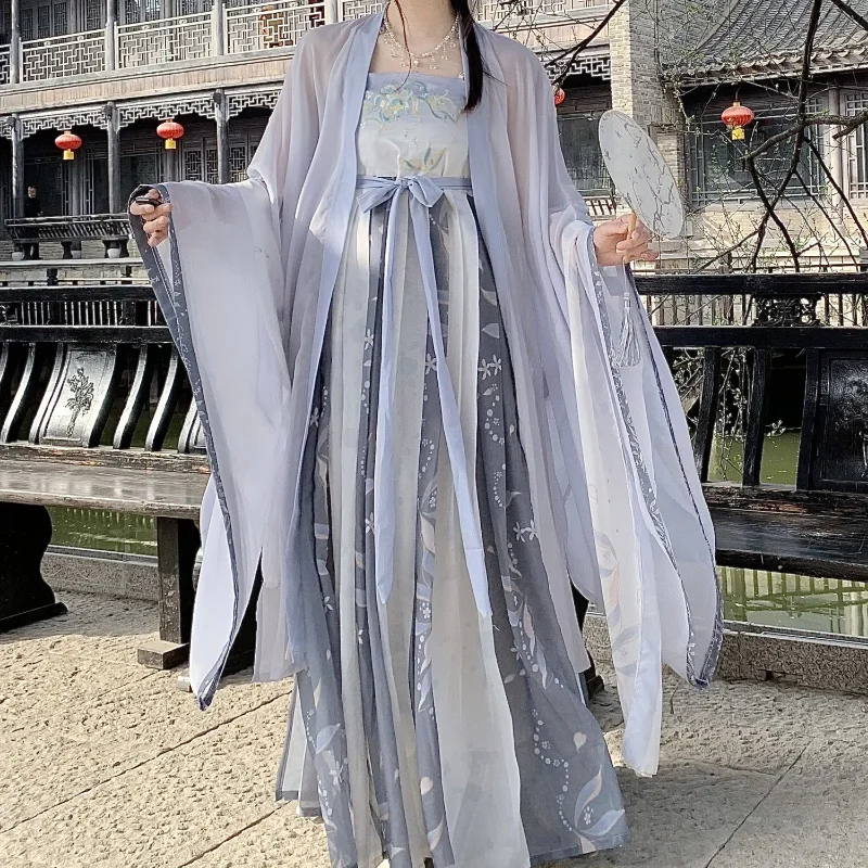 Chinese Style Hanfu Dress Set Women Traditional Elegant Flower Embroidery Princess Dress Tang Dynasty Sweet Dance Stage Costumes