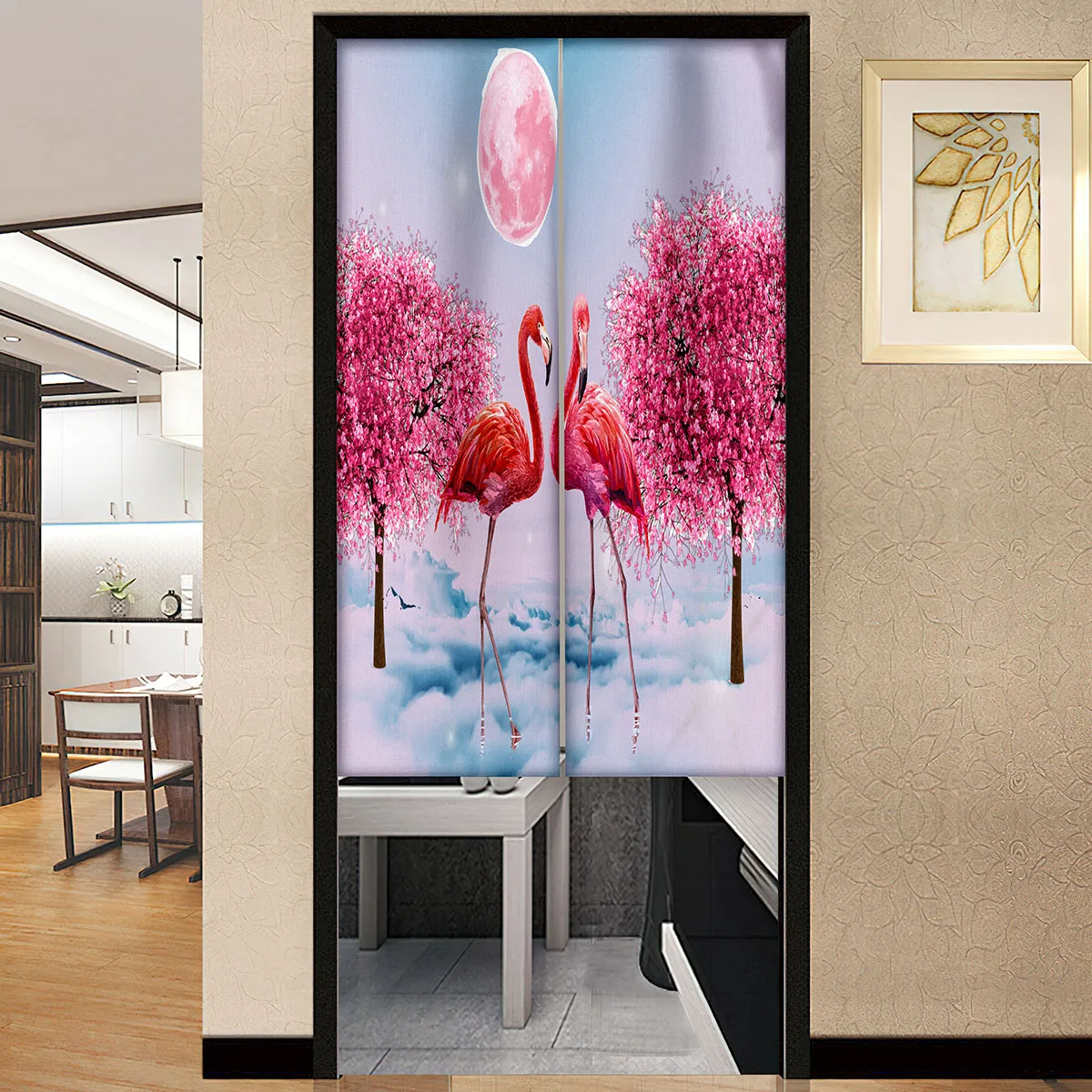 Birds Water Flamingo Japanese Door Curtain Household Kitchen Partition Drapes Restaurant Bathroom Entrance Hanging Half Curtains