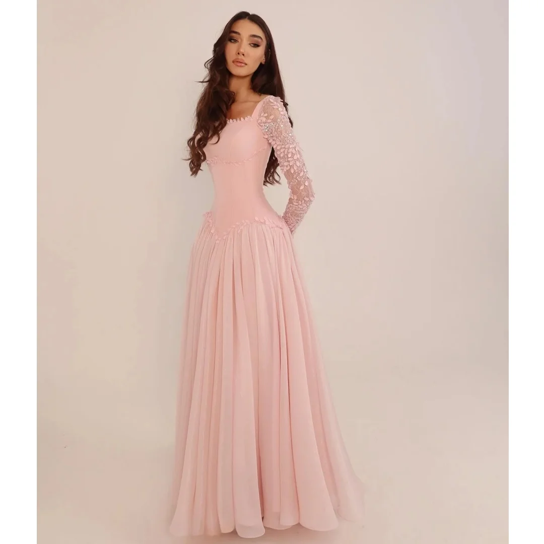 

Pink Chiffon Evening Dresses Long Sleeves Appliqued Formal Prom Dress Ankle Length Luxury Party Gown Gala Vestidos Customized