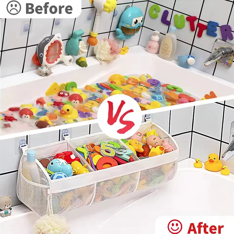 3 Compartments Horizontal Large Openings Bath Toy Organizer For Tub Multi-function Bath Storage And Holder Easy Sorting