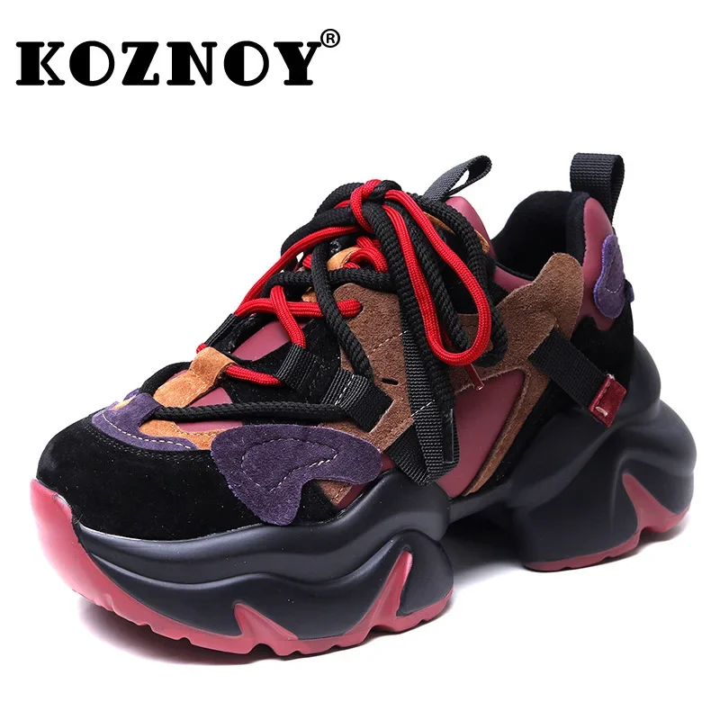 Koznoy 5cm Cow Suede Genuine Leather Brand Comfy Autumn Spring Loafer Chunky Sneakers High Vulcanize Platform Flats Women Shoes