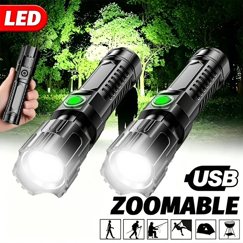 Super Bright LED Flashlight USB Rechargeable Flashlights with Tactical Zoom High Power Spotlight Outdoor Camping Fishing Torch