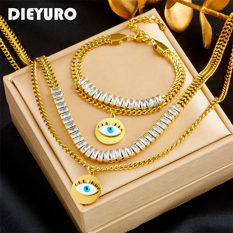 DIEYURO 316L Stainless Steel Big Round Eyes Necklace Bracelets For Women Girl Fashion 2-Layers Zirconia Chain Jewelry Set Party