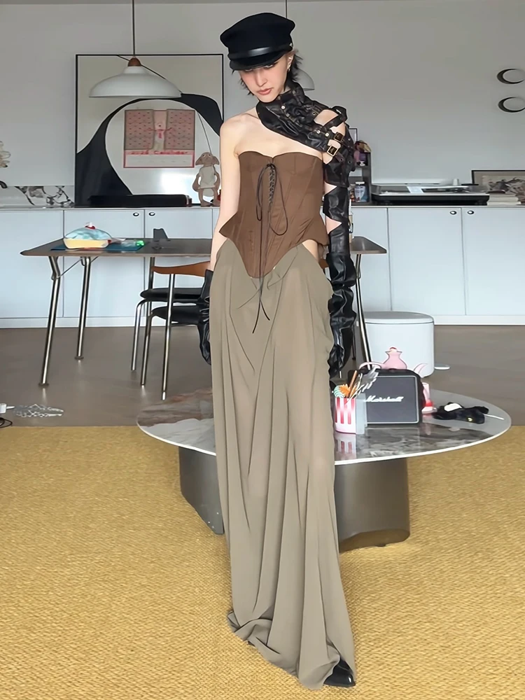 

WEIRD PUSS Brown Series Traveler Sexy Strapless Fishbone Dress Women Slimming Long Dress High Waist Polyester Spandex Blend S...