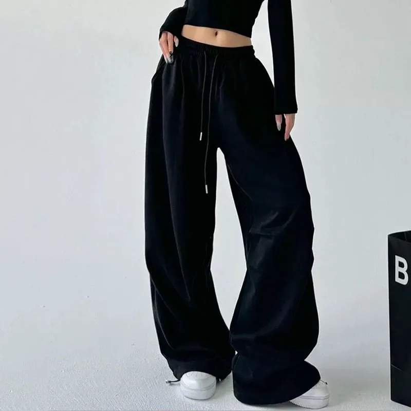 2025 New Woman Drawstring Casual Joggers Trousers Harajuku Wide Leg Sweatpants Women Streetwear Baggy Oversize Gray Sports Pants