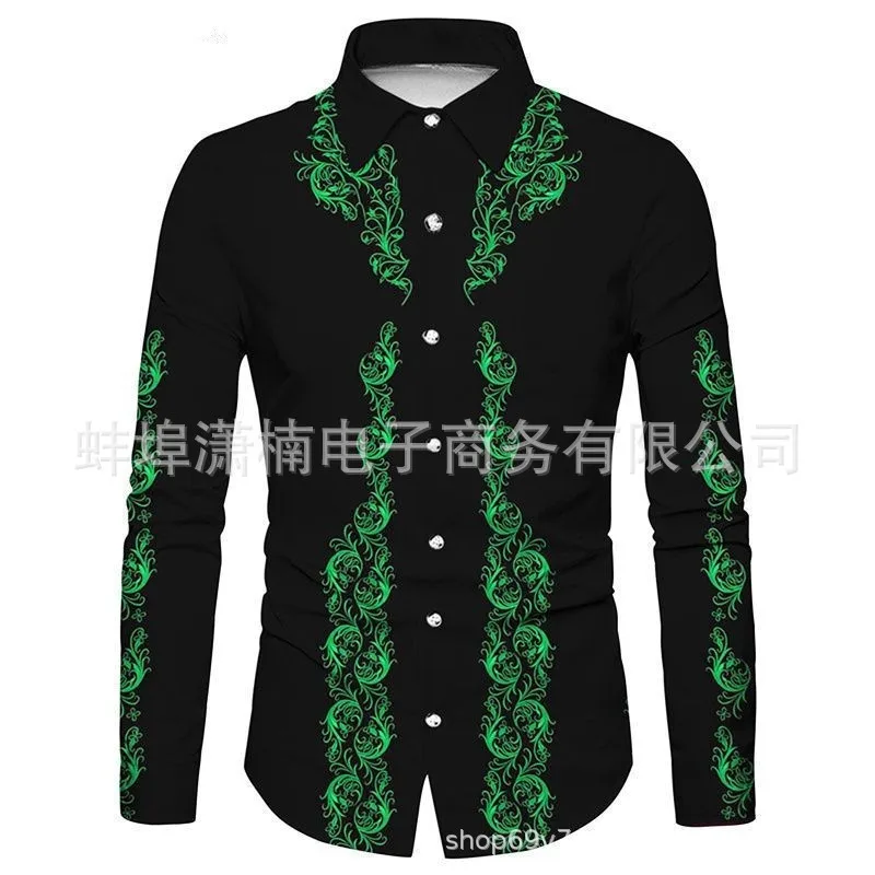 

Men's Shirt Long Sleeve Slim Fit Digital Print Shirts Collared Black Floral Print Button Down Shirt Vine Pattern Teal Casual