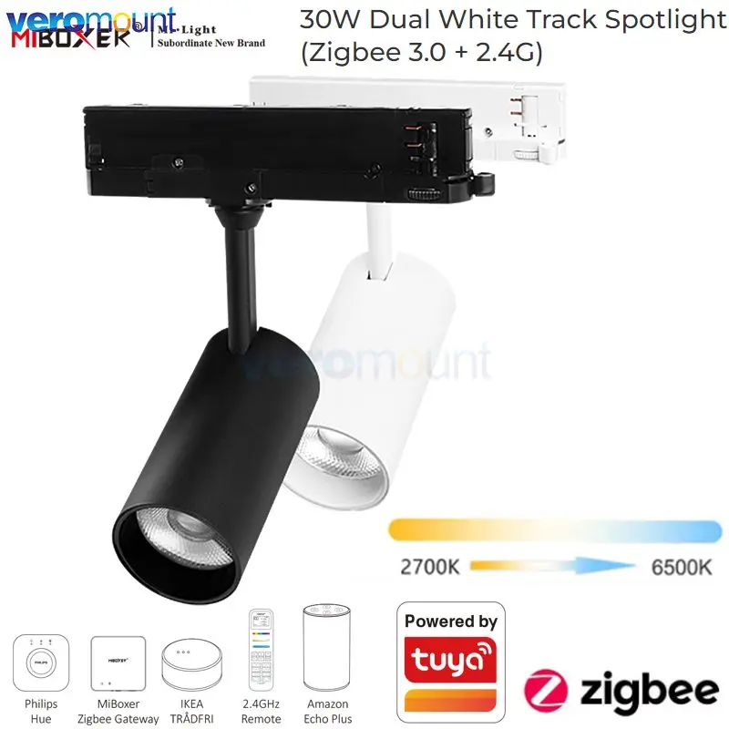 Miboxer Tuya Zigbee 3.0 2.4G 30W Dual White LED Track Lamp Dimmable CCT Spot Light Mi-Light RF Remote/Voice control AC 110V 220V