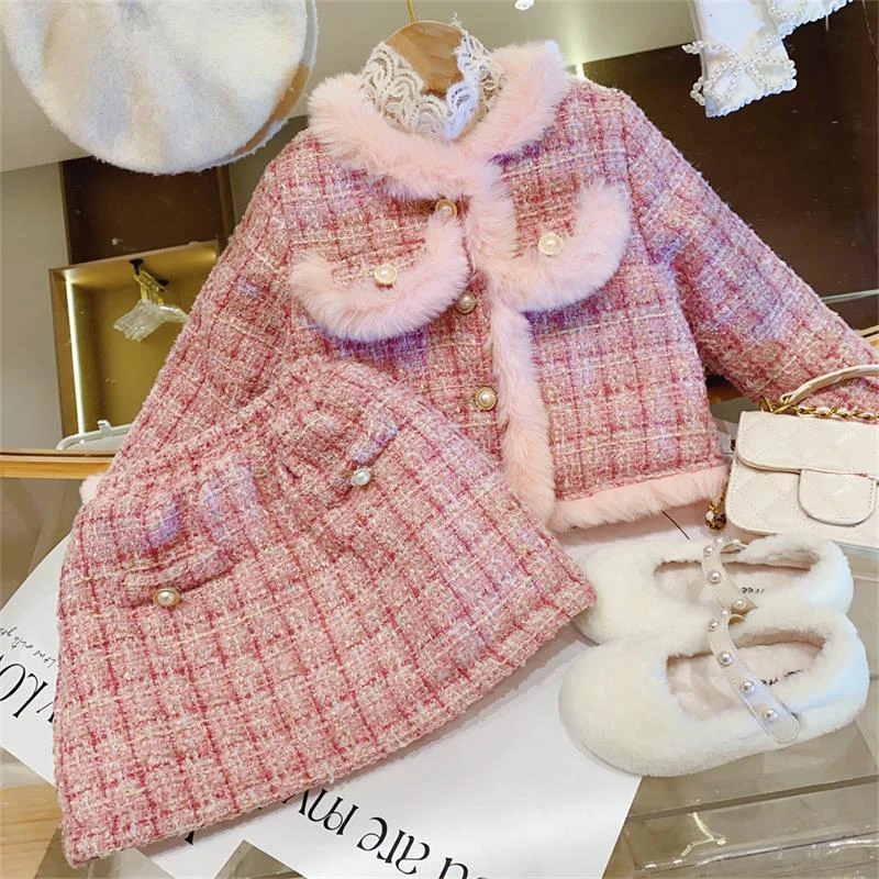 

Kids Girls Princess 2pcs Clothes Set Autumn Winter Children Pink Plaid Thick Coat Outwear+Short Skirts Vintage Kids Elegant Suit