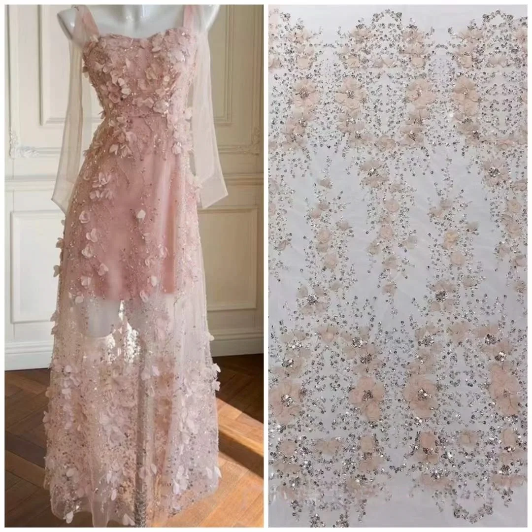 6 Colors 3D Powder Sequin Lace Evening Party Dress Material Three-Dimensional Flower Beaded Tube Embroidered Mesh Fabric