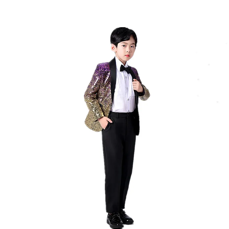 Boys Fashionable Gradient Sequins Jacket Pants Tie 3pcs Wedding Party Suits Kids Piano Performance Costume Photography Dress