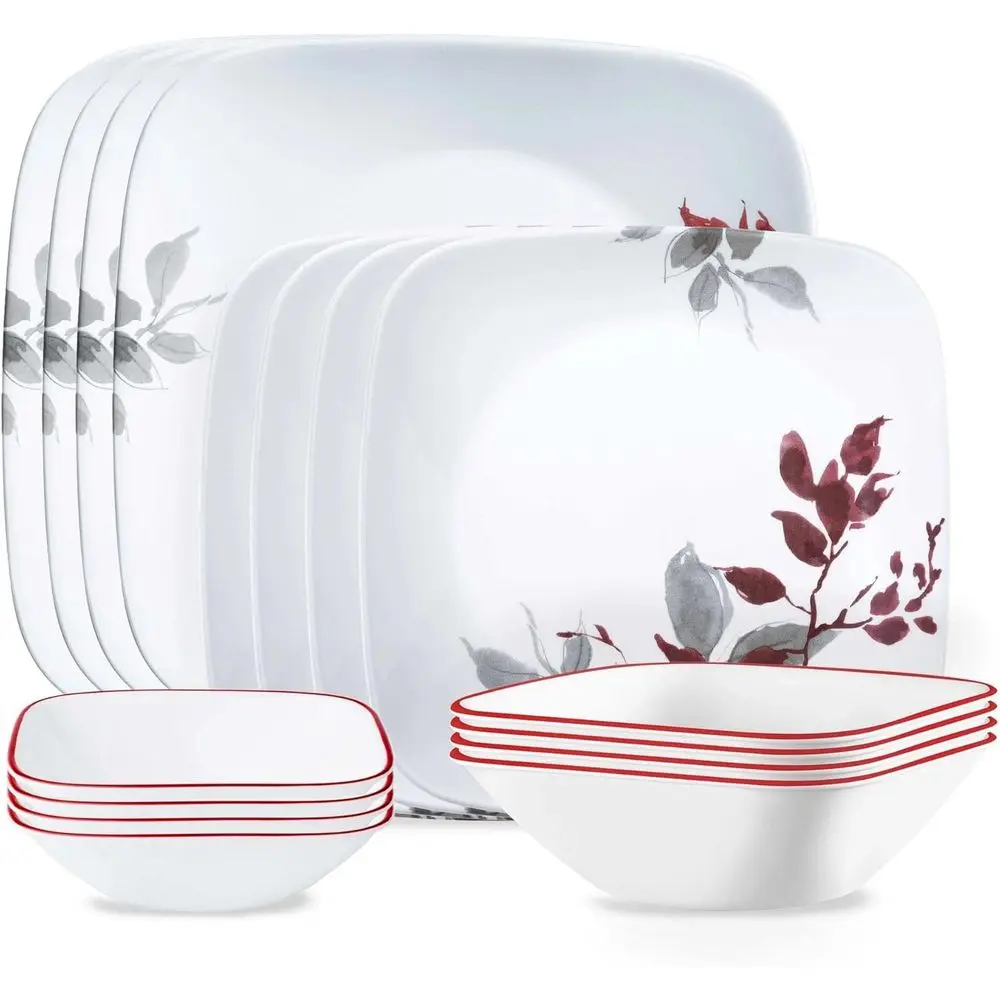 

Kyoto Leaves 16pc, Service or 4, Dinnerware Set, 8 plates bowls, Chip & Break Resistant, Dinner and ware White