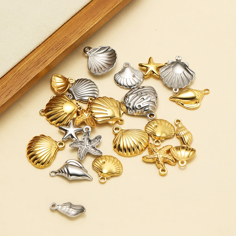 5 Stück Meeresstrand-Anhänger Muscheln Seestern Charms Edelstahl Meeres-Tier-Anhänger DIY Halskette Schmuckherstellung – Detail 4