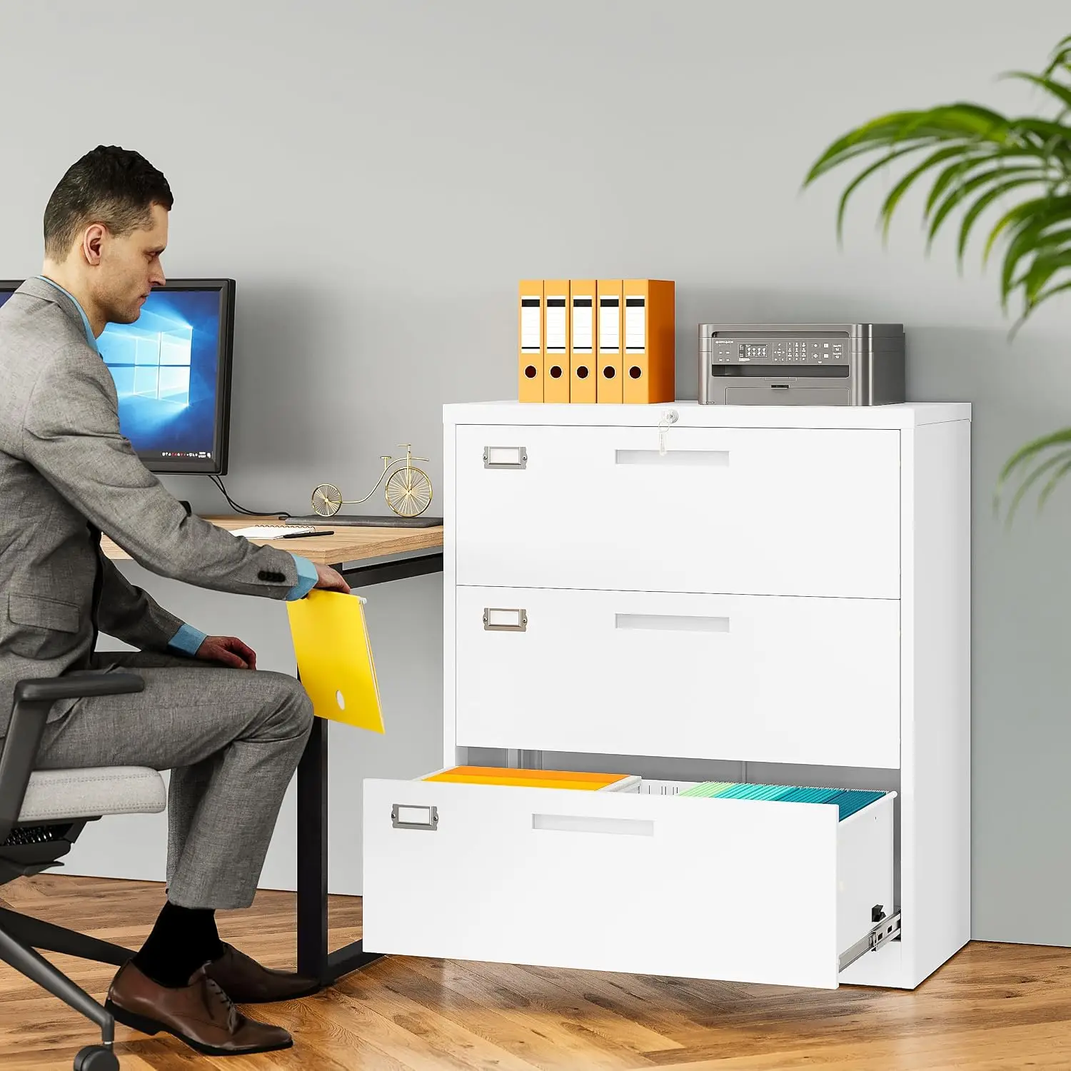 3 Drawer Lateral File Cabinet With Lock,White Horizontal Metal Filing Cabinet For Office Home,Fit A4/F4/Letter/Legal, Customized