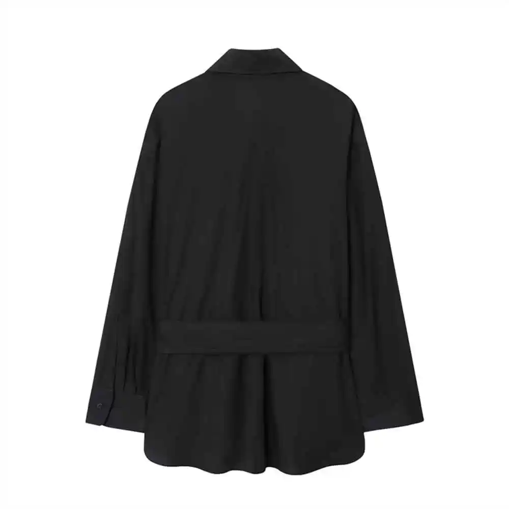 's nieuwe damesmode casual revers shirt met lange mouwen en riemdecoratie ontwerp gevoel, veelzijdig shirtjack
