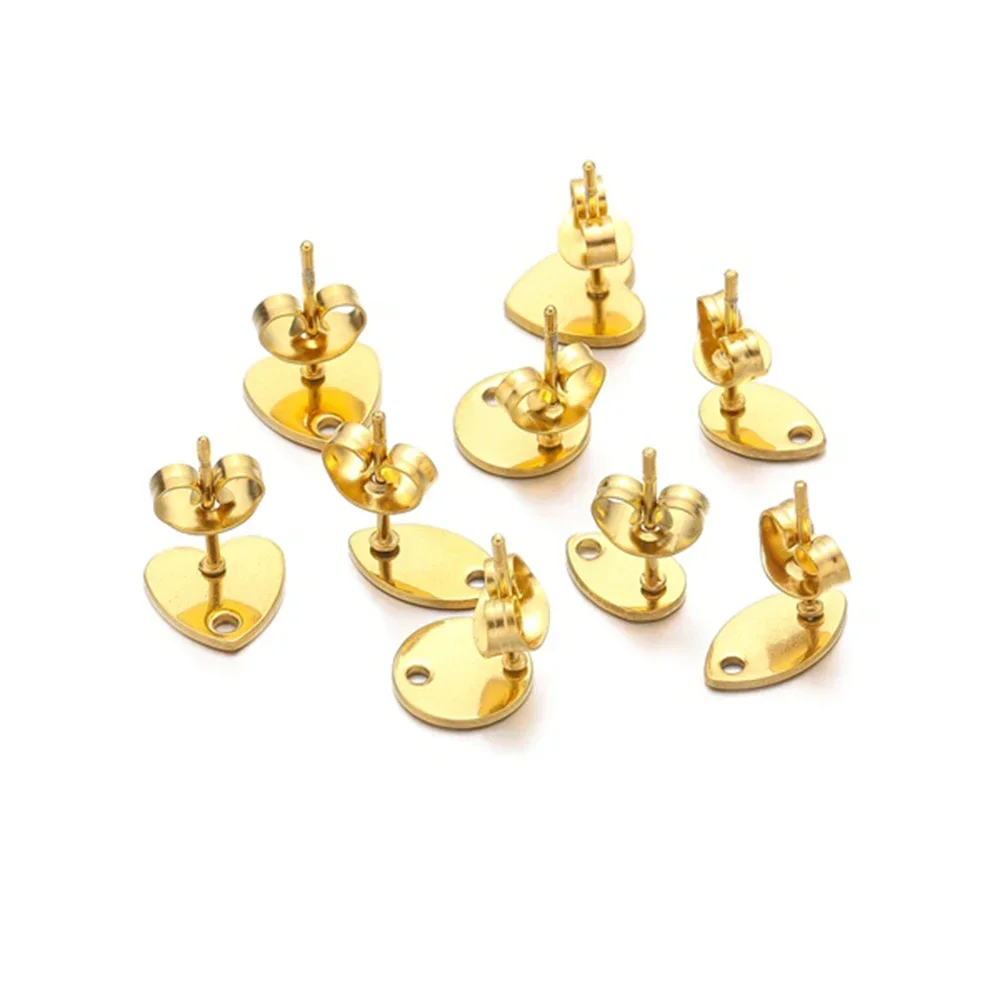 10 Pcs Stainless Steel Gold Plated Heart Round Flat Stud DIY Jewelry Drop Earrings Findings Making Craft Accessories Wholesale