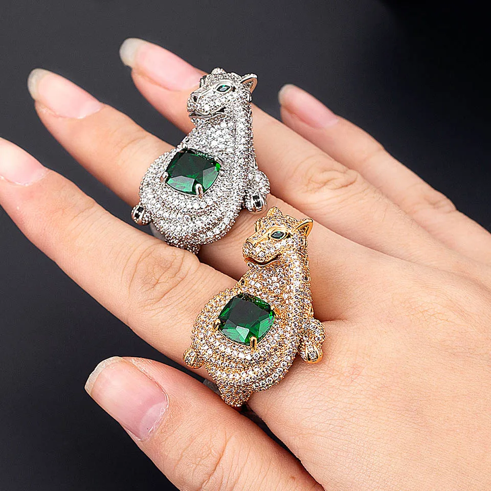 Zlxgirl Fashion Woman Statement Leopard Shape Animal Finger Ring Green Zircon Eyes Dubai Gold Color Ring couple bijoux Aneis