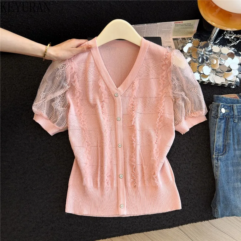 

2026 Summer Women Sweet V-neck Lace Knit Tops French Gentle Style Buttons Thin Short Sleeved Pullovers Patchwork Elastic Shirt