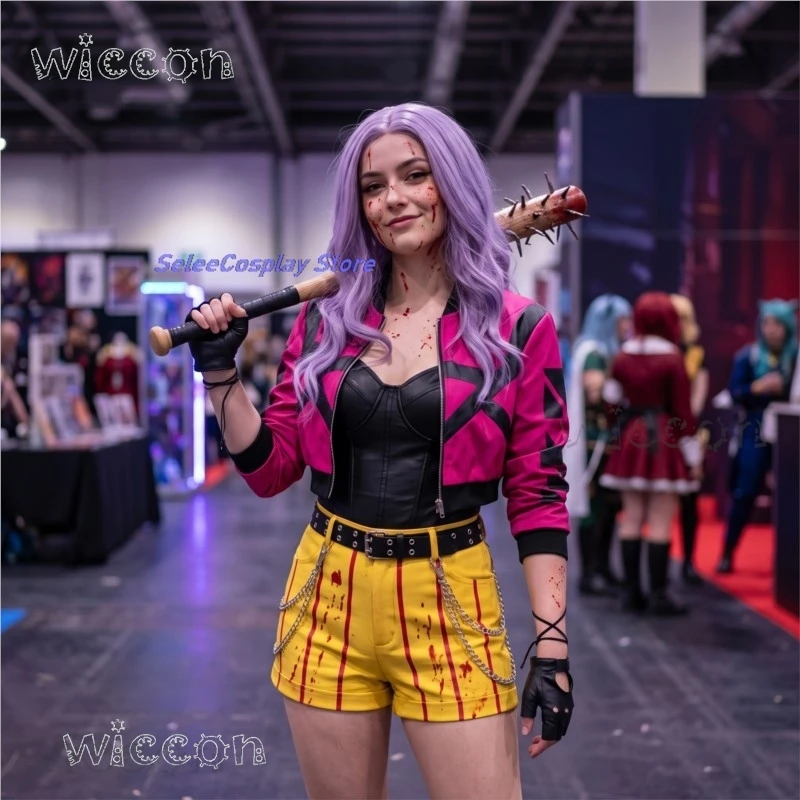 Disfraces de cosplay de anime DBD Mina Punk Y2K, traje de batalla, abrigo + pantalones cortos + cinturón + guantes + pelucas moradas, Halloween