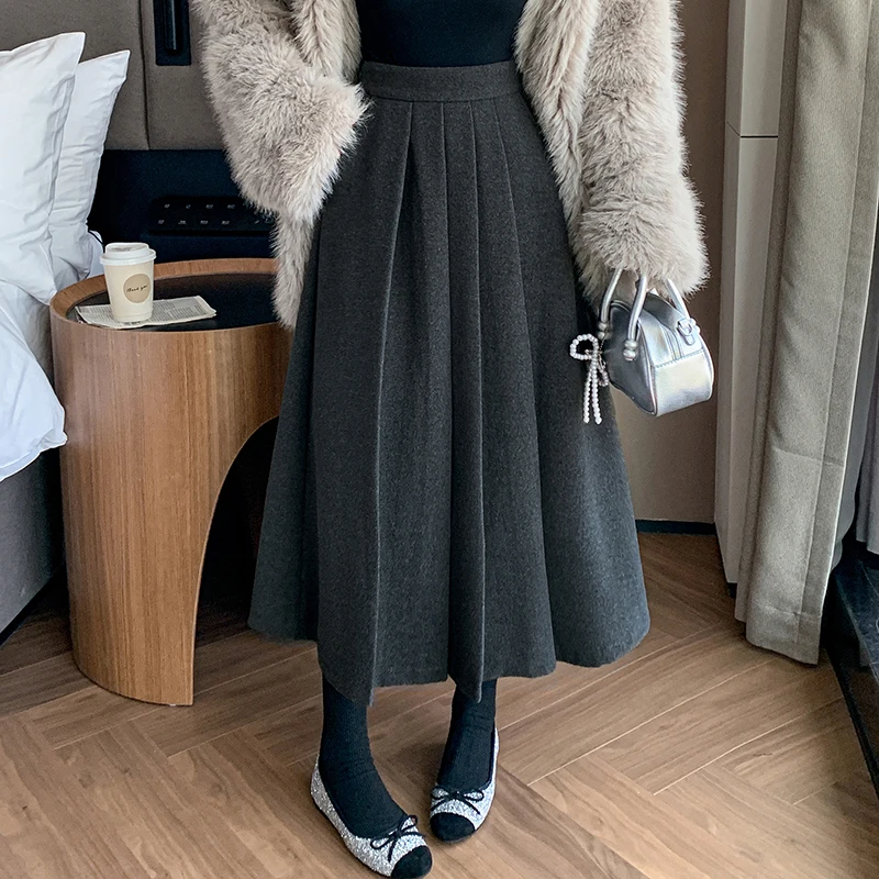 

Высококачественная шерстяная плиссированная юбка 2022, осень-зима, юбка трапециевидной формы с высокой талией, офисная женская облегающая юбка в стиле ретро, плотная черная Faldas