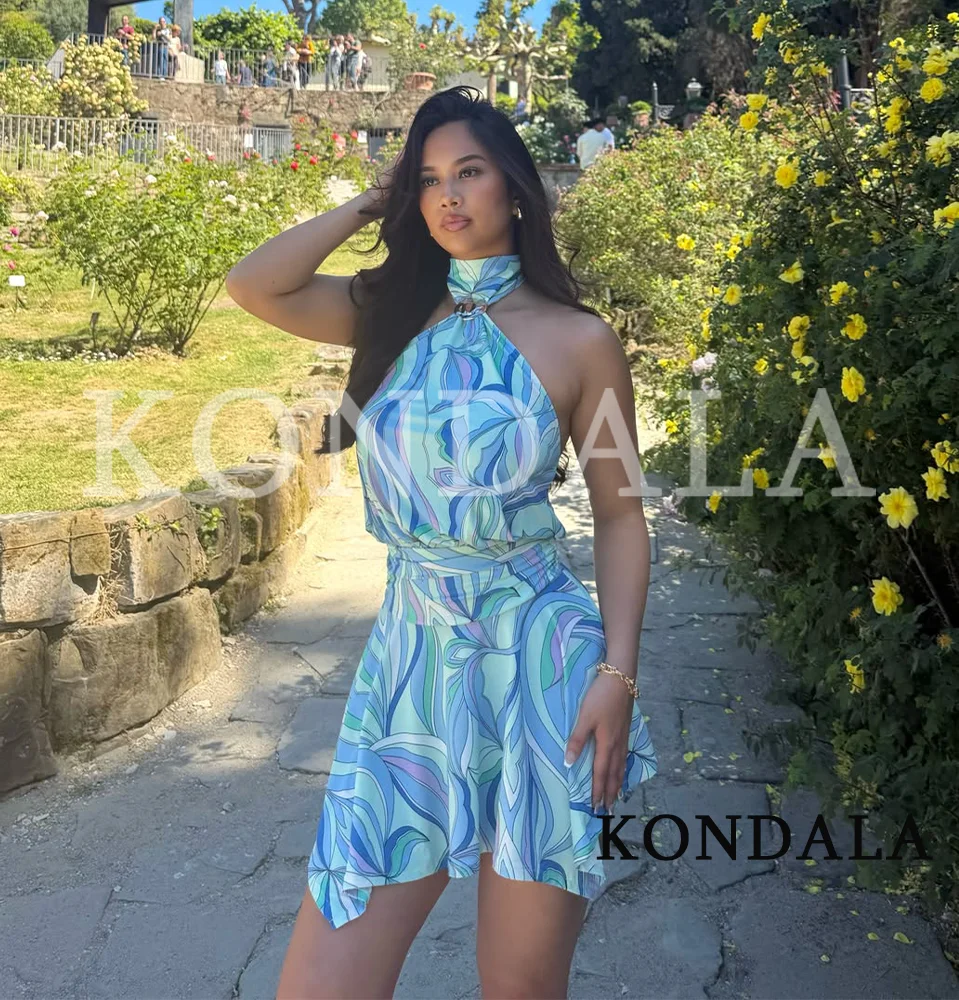 Damen Sommer Schickes Bedrucktes Neckholder-Minikleid KONDALA 2026 Trendiges Elegantes Rückenfreies Figurbetontes Kleid für Urlaub Strand Party